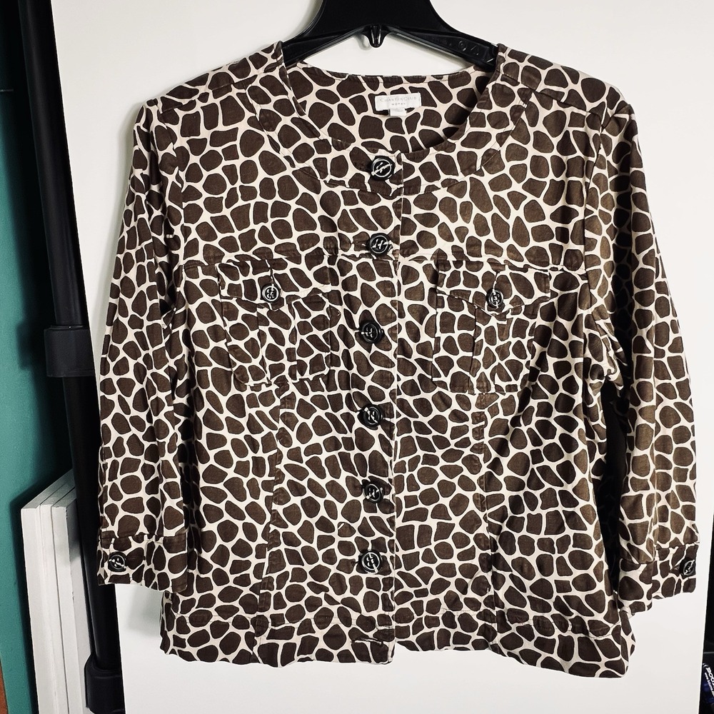 Charter Club Womans 2X Brown Giraffe Print Canvas‎ Jacket Short Button Cotton